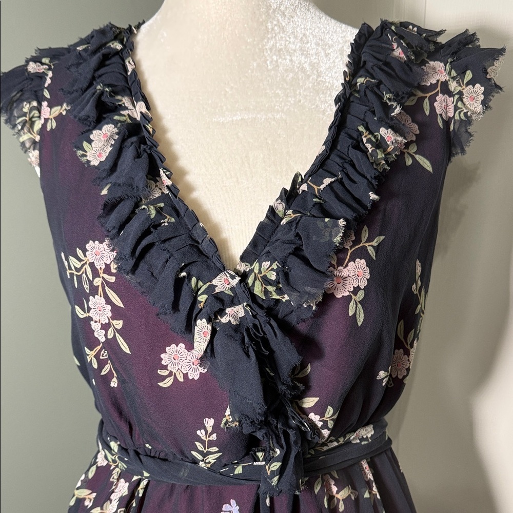 Adrianna Papell Silk Floral Ruffle Dress Size 12 Belted V-Neck Sleeveless - Picture 3 of 12